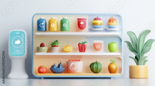 Wallpaper Mural Collection of colorful miniatures in a modern display showcasing fruits, vegetables, and beverages on styled shelves Torontodigital.ca