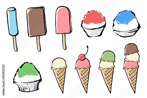 筆タッチのアイスやかき氷のイラストセット