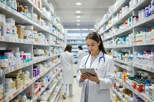 Pharmacist reviewing information on tablet in pharmacy aisle, shelves stocked with medications in focus, professional atmosphere.