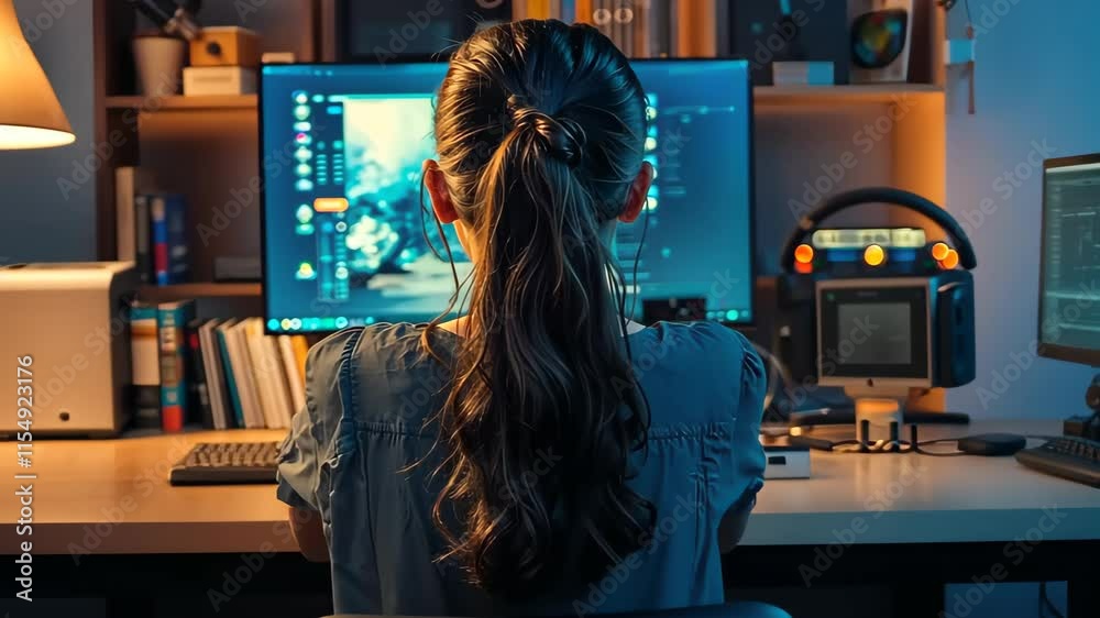 Video Stock Focused on the Task: A woman sits at her computer, her long ...