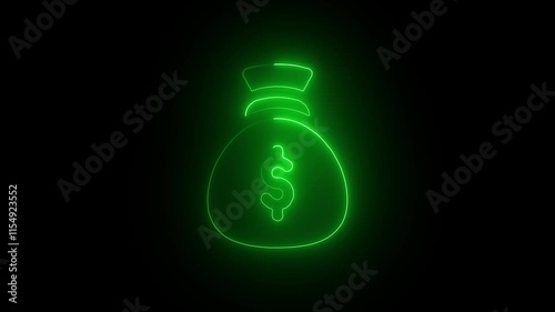 Neon money bag with dollar sign. Bright neon money bag and dollar icon. Icon bag with money, neon style. Neon glowing money bag icon animation in black background.