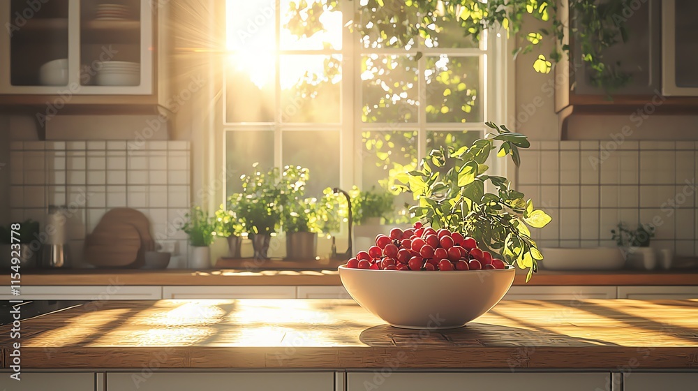 Sunlit kitchen with fresh fruits and plants on a wooden table. Sunlit kitchen with fresh fruits and plants on a wooden table.
