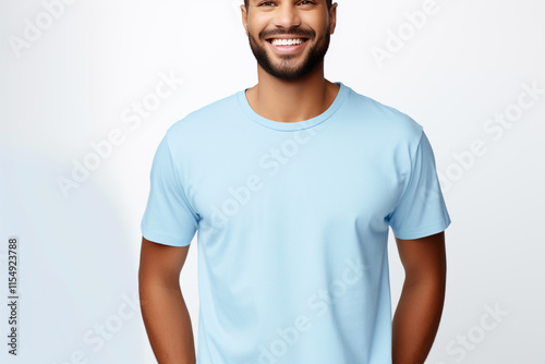 A Stylish T-Shirt Advertising Mockup: Young Man Model Wearing a Short Sleeve Light Blue T-Shirt