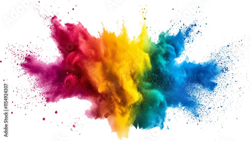 colorful rainbow holi paint color powder explosion isolated white wide panorama.Colorful mixed rainbow powder explosion isolated on white background. Colorful ink powder splashes on white background. 