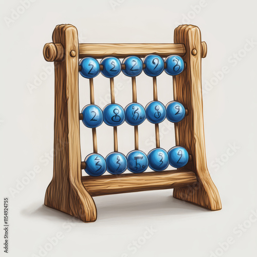 cartoonish illustration of wooden abacus with blue beads, showcasing numbers in playful design. This educational tool is perfect for teaching counting and basic math skills
