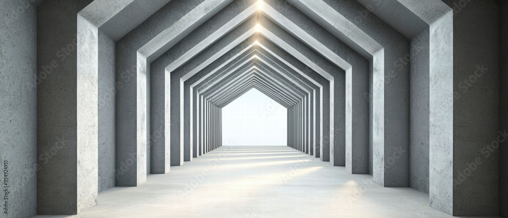 Fototapeta premium Concrete construction. Modern, minimalistic corridor with concrete arches and soft lighting.