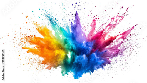 Colorful holi powder on white background. Colorful vibrant rainbow holi paint color powder explosion with bright colors isolated white background. colorful mixed rainbow powder explosion,