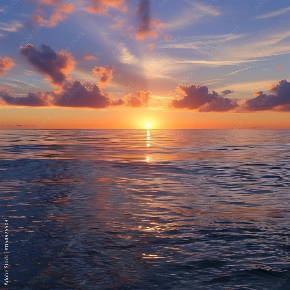 Fototapeta premium Beautiful serene sunset over a calm ocean with soft waves, warm tones reflecting on the water surface, gentle clouds in the sky