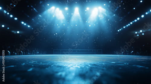 An empty arena with lights shining on it. Concert, venue, light, audience music, performance, stage,. A young woman performs music on stage during a concert. A concert with lights venue. Lifestyle.