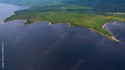 Aerial view of winding forested shoreline along a lake