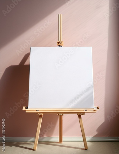 Generated image Minimalist wooden easel with blank canvas and pastel background. photo