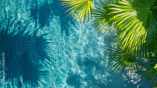 aerial palm shadows, crystalline turquoise water, vibrant green fronds, overhead beach view, tropical water texture, palm leaf patterns, bright natural lighting, paradise island photography