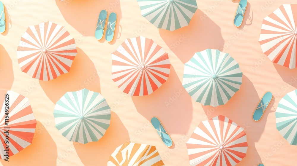 Aerial view summer beach layout, parasols in pastel colors, symmetrical umbrella arrangement, modern beach essentials pattern, summer vacation essentials, colorful striped towels, aqua sandals, Aerial view summer beach layout, parasols in pastel colors, symmetrical umbrella arrangement, modern beach essentials pattern, summer vacation essentials, colorful striped towels, aqua sandals,