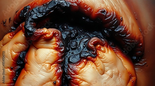 Classic oil painting, extreme macro view of burned human skin. Emphasis on detailed texture and visible brushstrokes. Colors should be realistic, depicting the variations in burned tissue