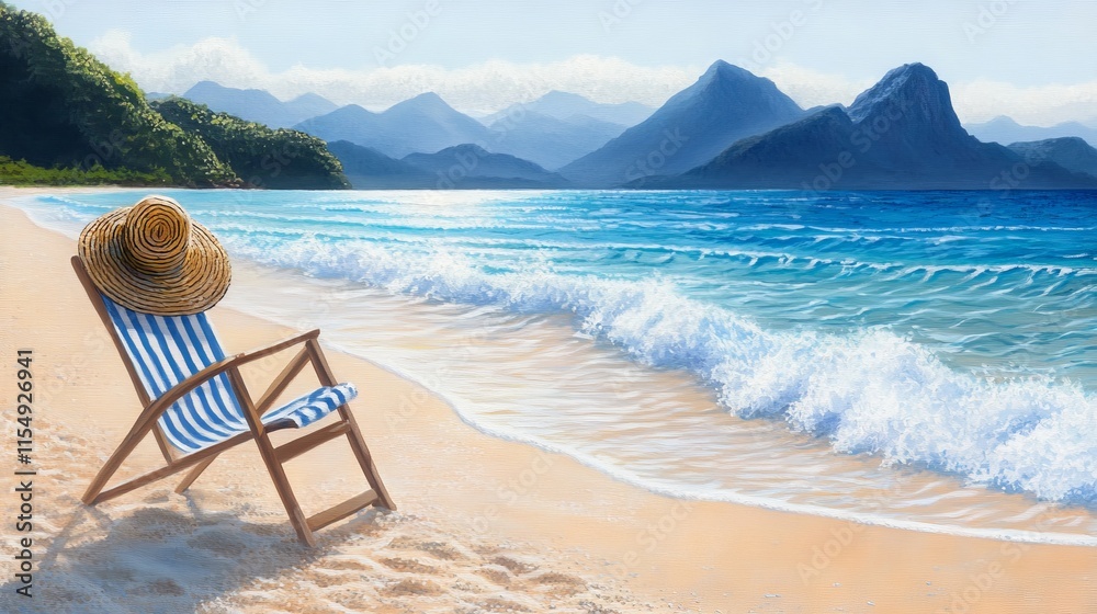 Fototapeta premium Idyllic beach composition, vintage-style deck chair, bright striped canvas, delicate woven hat, gentle breaking waves, mountain range silhouette, sunrise glow, golden beach sand, azure sea water,