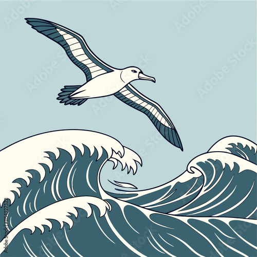 Graceful albatross soaring above the sea, captured in a stunning vector illustration with detailed waves. Perfect for nature, wildlife, and marine-themed designs.