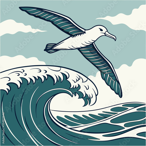 Graceful albatross soaring above the sea, captured in a stunning vector illustration with detailed waves. Perfect for nature, wildlife, and marine-themed designs.