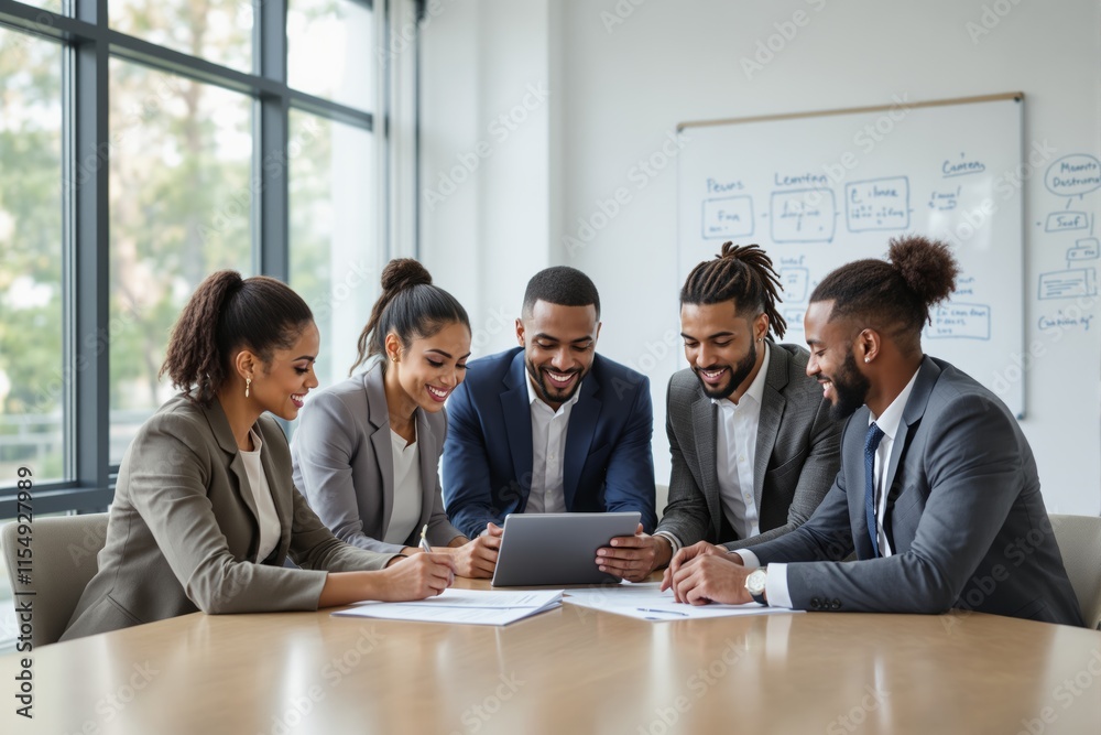 Business professionals collaborating on a project in a modern office space. Business professionals collaborating on a project in a modern office space.