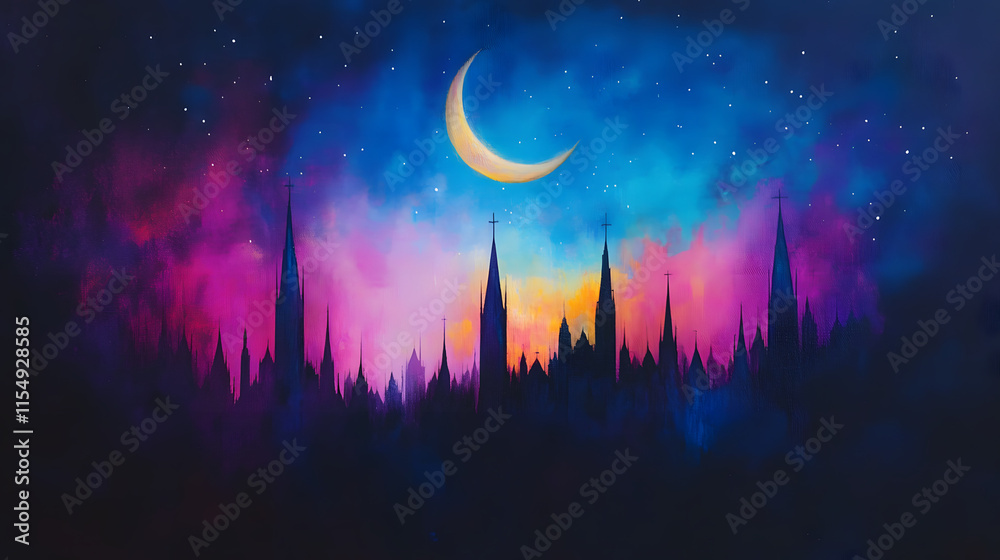 Night skies over church spires, illuminated by bright stars, creating a peaceful and spiritual atmosphere, with the spires reaching toward the sky under the light of the moon, reflecting the beauty of Night skies over church spires, illuminated by bright stars, creating a peaceful and spiritual atmosphere, with the spires reaching toward the sky under the light of the moon, reflecting the beauty of