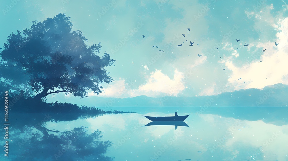 Naklejka premium Peaceful lakeside view with lone boat on calm water