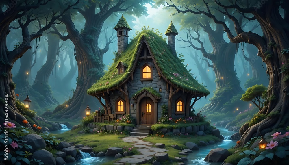 Fototapeta premium Enchanted Stone Cottage Mossy Roof Deep Forest Stream Setting