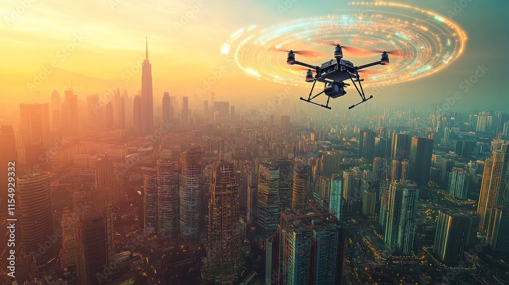 A high-tech drone system hovering in the sky, flying in circles above a vibrant cityscape while monitoring infrastructure A high-tech drone system hovering in the sky, flying in circles above a vibrant cityscape while monitoring infrastructure