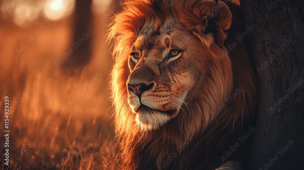 Naklejka premium Majestic lion with a luxurious mane resting under a tree during sunset, showcasing the beauty of wildlife in its natural habitat with warm golden tones.