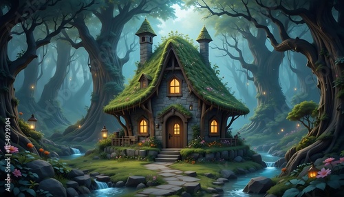 Enchanted Stone Cottage Mossy Roof Deep Forest Stream Setting photo