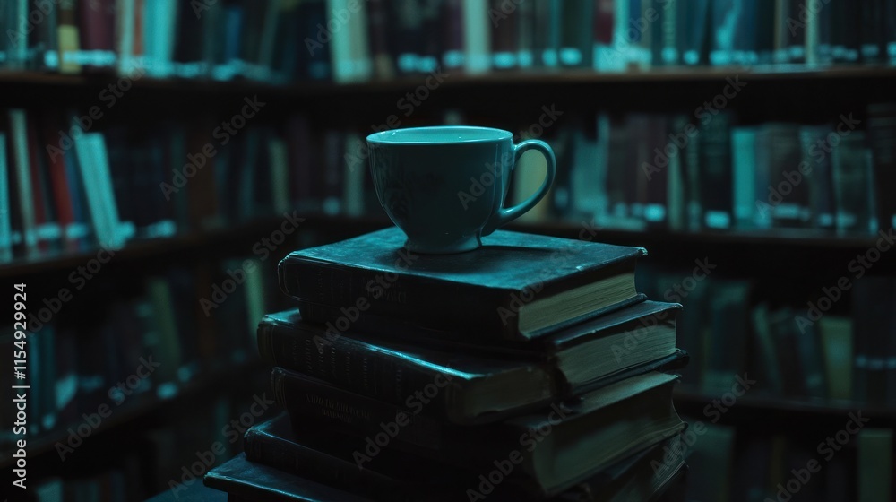 Naklejka premium Stacked books in library with a cup of coffee on it,