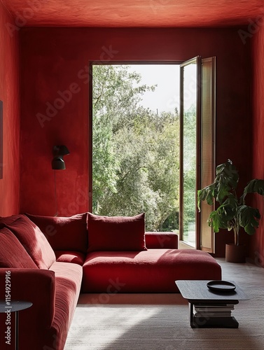 Red Room Interior Design Featuring Sectional Sofa and Garden View