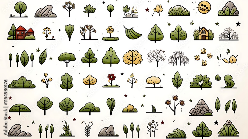 Obraz premium Collection of hand-drawn nature icons trees, bushes, plants, rocks, houses.