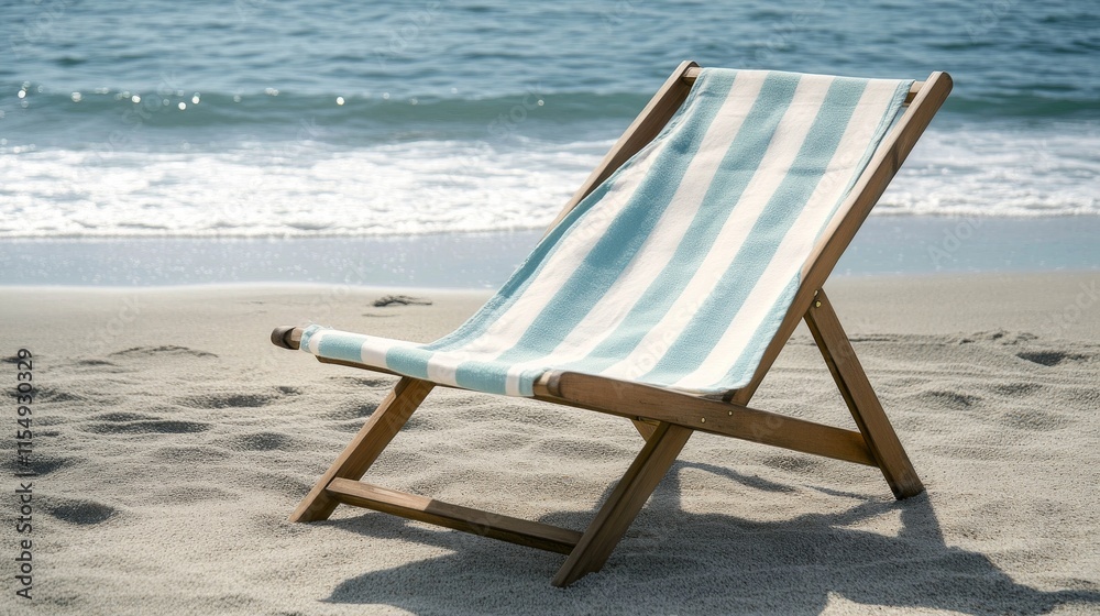 minimalist beach setting, sunlit wooden folding chair, breezy striped towel in turquoise white, pristine sandy beach landscape, gentle surf backdrop, bright natural lighting, coastal zen atmosphere,