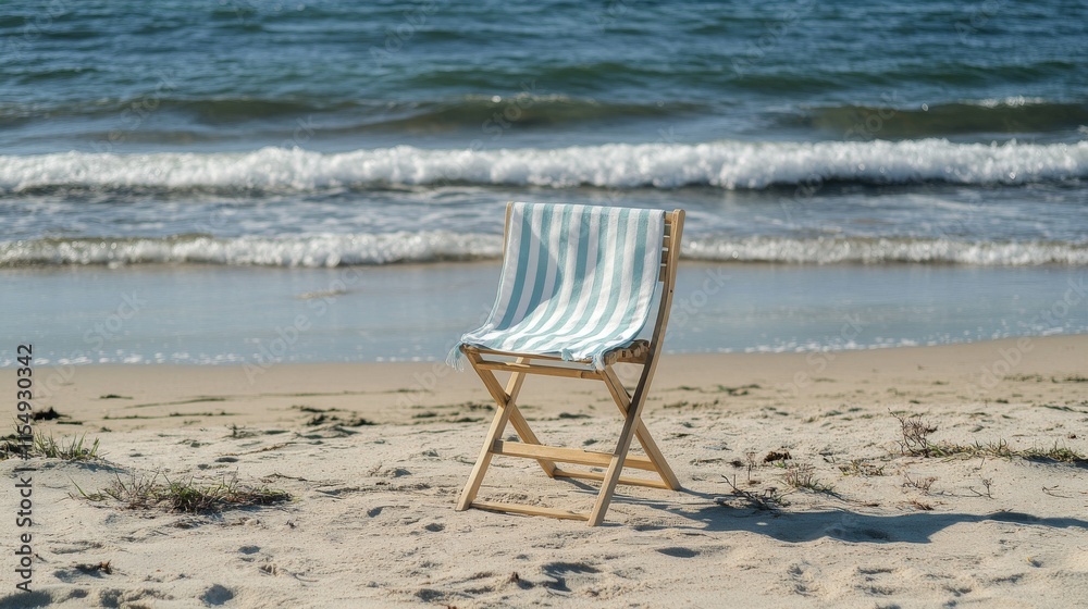 minimalist beach setting, sunlit wooden folding chair, breezy striped towel in turquoise white, pristine sandy beach landscape, gentle surf backdrop, bright natural lighting, coastal zen atmosphere, minimalist beach setting, sunlit wooden folding chair, breezy striped towel in turquoise white, pristine sandy beach landscape, gentle surf backdrop, bright natural lighting, coastal zen atmosphere,