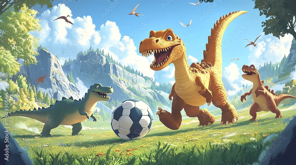Obraz premium 2D cartoon illustration of a dinosaur playing soccer with other dinosaurs.--ar 16:9