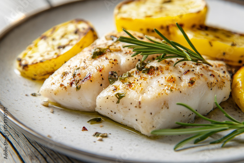 Baked fish fillet with potatoes and rosemary. Healthy homemade food, restaurant menu, food delivery. photo