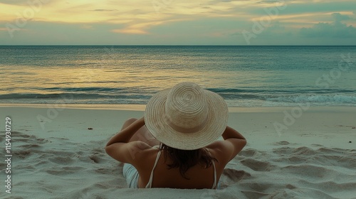 beachfront lifestyle scene, person reclined on sandy beach, cream woven hat detail, literary peaceful moment, soft evening glow, ocean horizon view, summer vacation aesthetic, candid beach photography