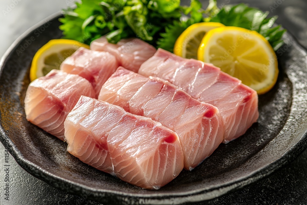 Close-up of Kingfish Sashimi under dramatic studio lighting, showcasing the fresh cut of the fish with garnishes Close-up of Kingfish Sashimi under dramatic studio lighting, showcasing the fresh cut of the fish with garnishes