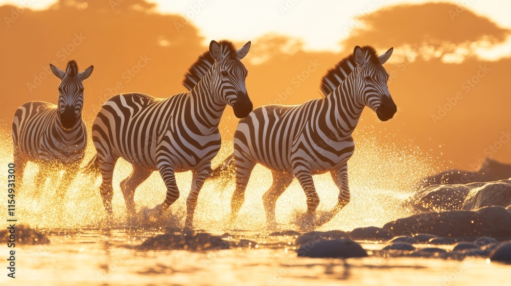 Fototapeta premium Majestic Zebras Running Through Shimmering Water at Sunset Amidst a Stunning Gold Horizon in a Serene Natural Landscape