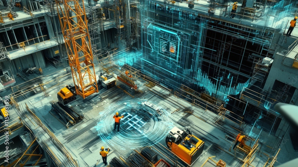 Fototapeta premium High-tech construction site with a focus on digital integration, featuring drones, tablets, and smart helmets used by workers