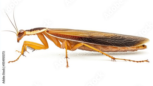 Close-up of a large, yellow-brown praying mantis with outstretched wings against a white background.