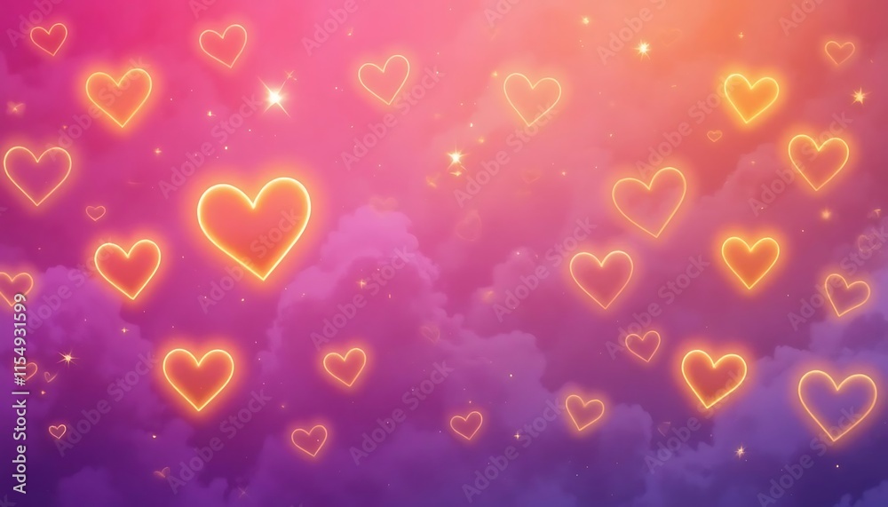 Glowing Hearts Float Across a Pink Purple Sky Glowing Hearts Float Across a Pink Purple Sky