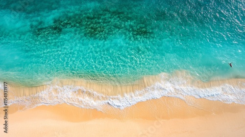 Fototapeta Naklejka Na Ścianę i Meble -  aerial ocean drone shot, person swimming in crystal waters, turquoise sea patterns, coral reef exploration, tropical water texture, overhead beach photography, aqua ripple effects