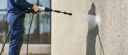 Concrete construction. Man using a pressure washer on a textured wall surface. photo