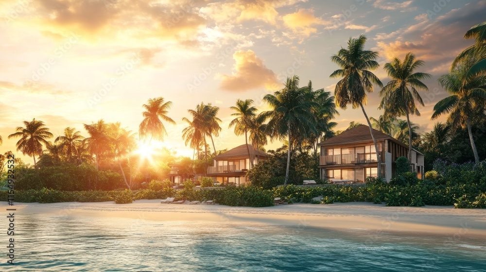 Fototapeta premium Tropical beach paradise, tall coconut palm trees swaying in breeze, turquoise ocean waters, pristine white sandy shore, beachfront villas nestled in lush vegetation, vibrant orange sunset sky, dreamy
