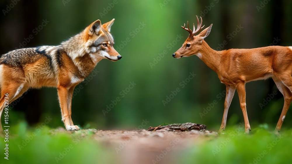 Coyote Stares Intently at a Young Deer in Lush Green Forest Coyote Stares Intently at a Young Deer in Lush Green Forest