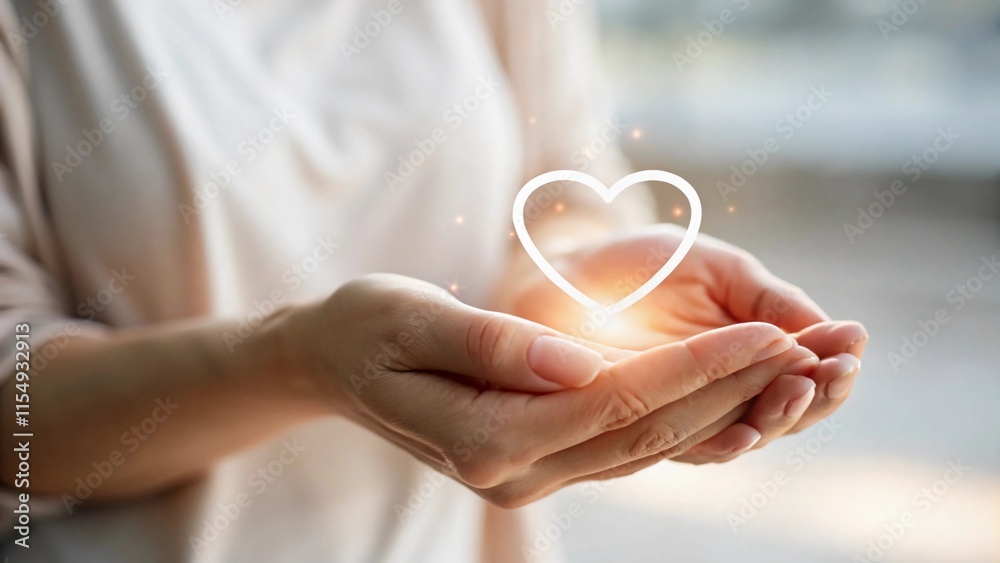 Hand holding a heart shape, a close-up of a hand gently holding a glowing heart icon