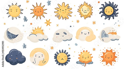 Cute cartoon sun, moon, and cloud characters.