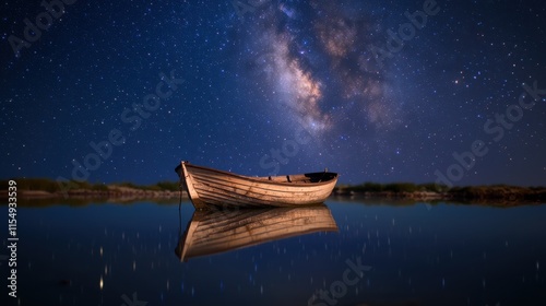 Solitary boat anchored under starry sky nighttime tranquility nature serene waters wide angle peaceful reflection