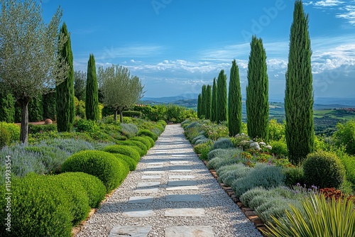 Beautiful Tuscan garden with thujas and Mediterranean plants, stone path leading to villa, overlooking the countryside under a blue sky.