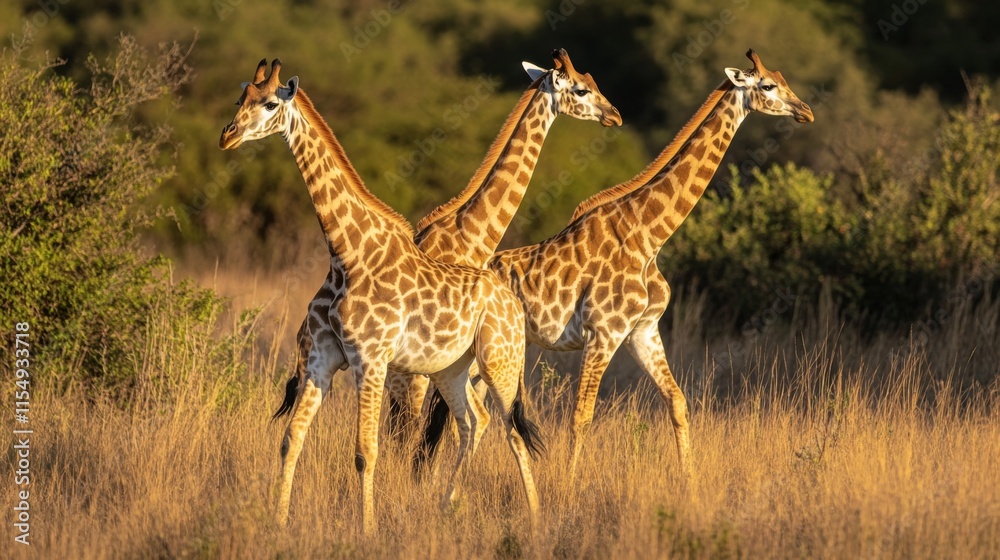 Obraz premium Three Majestic Giraffes Gracefully Walking Through Golden Grass Under a Bright Blue Sky in Their Natural Habitat at Sunset